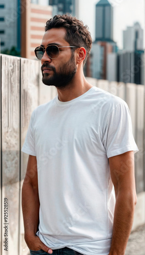 Close-up of a man wearing a plain white t-shirt in an urban setting, ideal for fashion, apparel marketing, or product mockups, emphasizing simplicity and versatility for branding and promotional use.