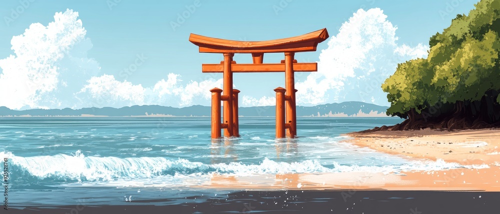 Torii Gate Seaside Shrine Shinto Religion Spiritual Symbol Torii Gate Seaside Shrine Shinto Religion Spiritual Symbol