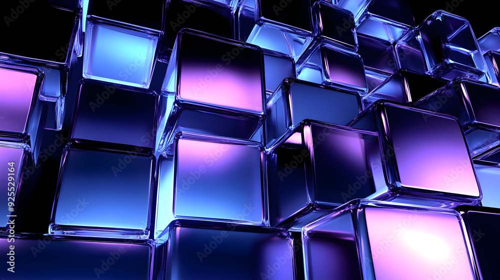 Shiny blue and purple glass cubes stack. Shiny blue and purple glass cubes stack.