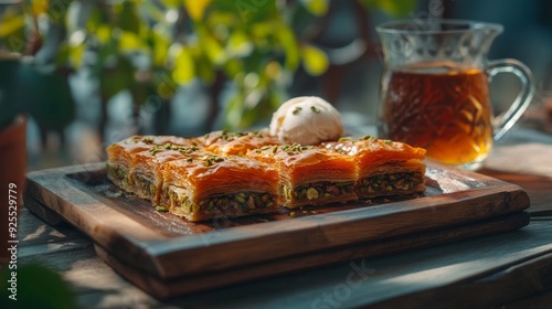 On a wooden tray, there is carrot slice baklava (Havuc Dilim Baklava in Turkish). Classic Baklava from Turkey's Gaziantep. Baklava with pistachio served with icecream,bananas and a glass of tea photo