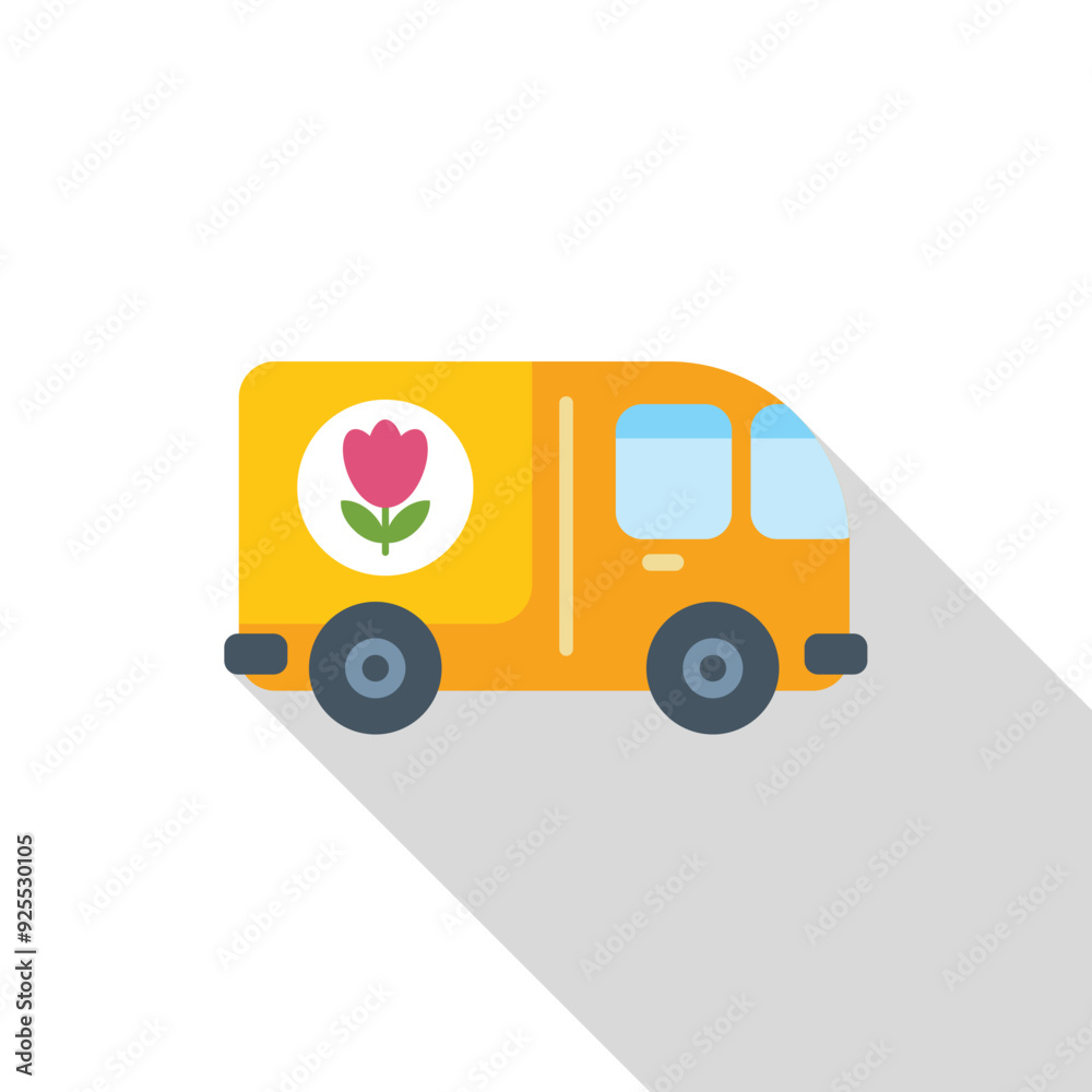 Yellow delivery truck delivering flowers, with long shadow Yellow delivery truck delivering flowers, with long shadow