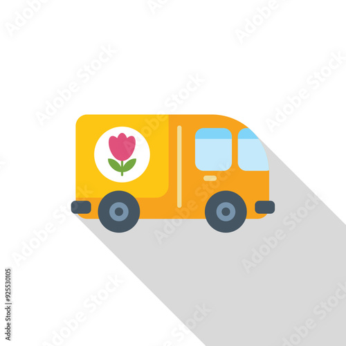 Yellow delivery truck delivering flowers, with long shadow