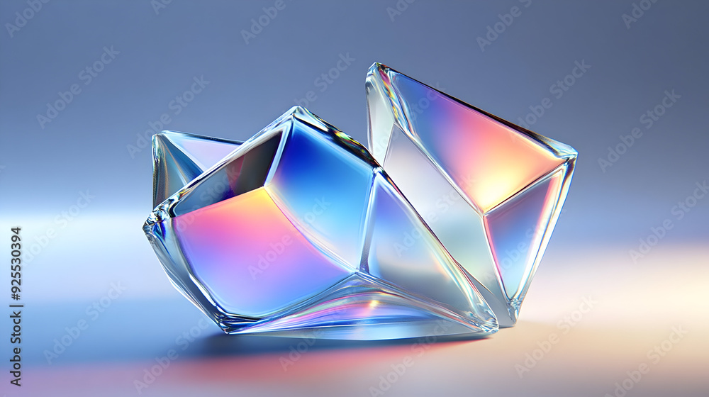 Three abstract glass shapes reflecting colorful light. Three abstract glass shapes reflecting colorful light.