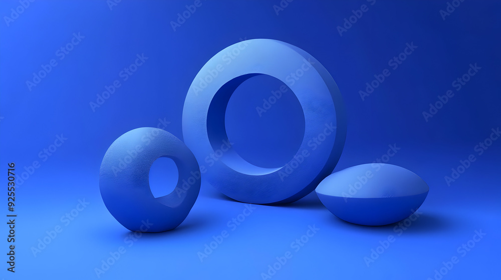 Three blue geometric shapes on a blue background. Three blue geometric shapes on a blue background.