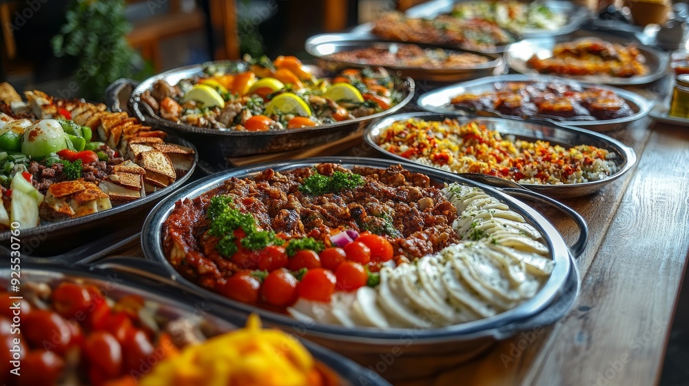 Big trays of homemade food are available for purchase at the restaurant. Typical Turkish cuisine. 'Esnaf Lokantasi' in Turkish Big trays of homemade food are available for purchase at the restaurant. Typical Turkish cuisine. 'Esnaf Lokantasi' in Turkish