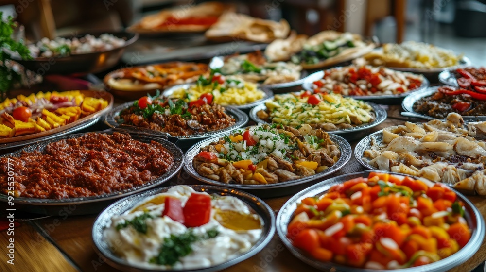 Big trays of homemade food are available for purchase at the restaurant. Typical Turkish cuisine. 'Esnaf Lokantasi' in Turkish Big trays of homemade food are available for purchase at the restaurant. Typical Turkish cuisine. 'Esnaf Lokantasi' in Turkish