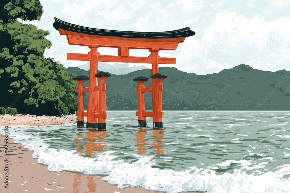 Torii Gate Seaside Shrine Shinto Religion Spiritual Symbol Torii Gate Seaside Shrine Shinto Religion Spiritual Symbol