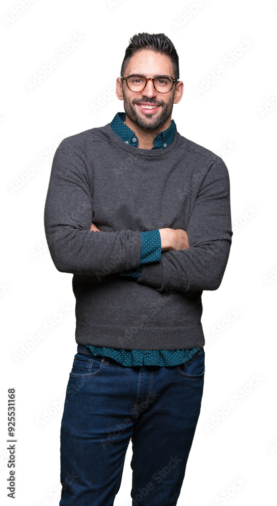 Young handsome man wearing glasses over isolated background happy face smiling with crossed arms looking at the camera. Positive person. Young handsome man wearing glasses over isolated background happy face smiling with crossed arms looking at the camera. Positive person.