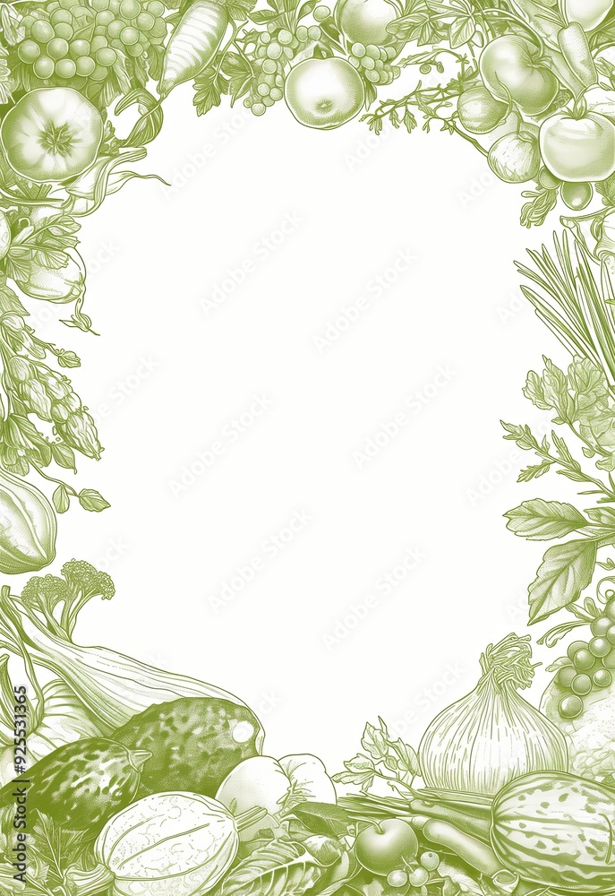 Naklejka premium Frame Made of Green Line Drawings Featuring Fruits and Vegetables with Empty Space in the Center for Text or Design