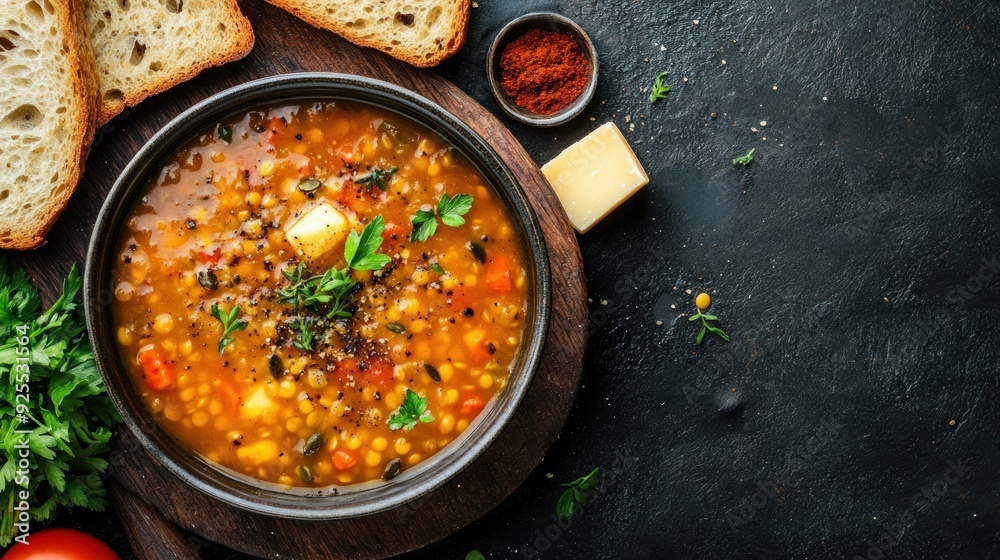 In a rustic metal bowl, lentil soup with herbs, spices, and bread is served with croutons, cheese, and lemoon. In a rustic metal bowl, lentil soup with herbs, spices, and bread is served with croutons, cheese, and lemoon.