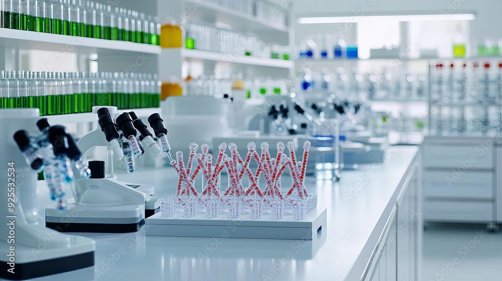 Laboratory filled with bioreactors and DNA models, industrial biotechnology, genetics research facility Laboratory filled with bioreactors and DNA models, industrial biotechnology, genetics research facility