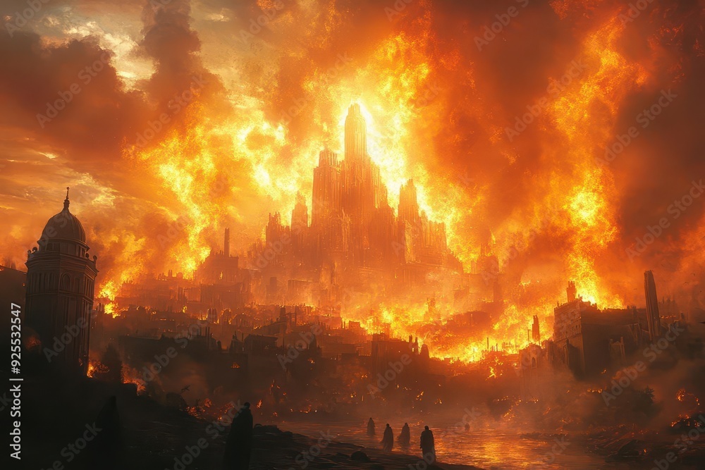 biblical city engulfed in ethereal flames and raining sulfur crumbling ...