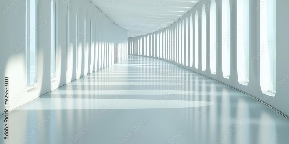 Naklejka premium A modern, bright corridor featuring sleek lines and ample natural light ideal for showcasing minimalist architecture and design