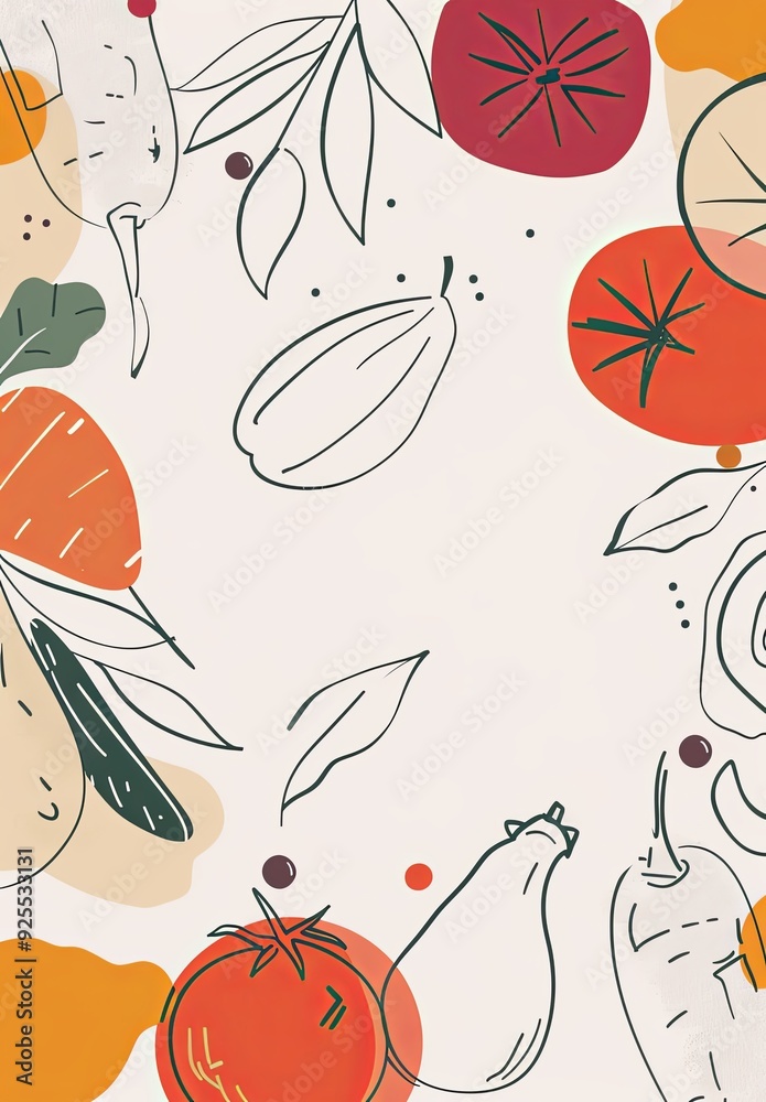 Line Drawing of Fruits and Vegetables on a White Background with Simple Shapes in Red, Orange, Yellow, Green, Pink, and Grey Tones Line Drawing of Fruits and Vegetables on a White Background with Simple Shapes in Red, Orange, Yellow, Green, Pink, and Grey Tones
