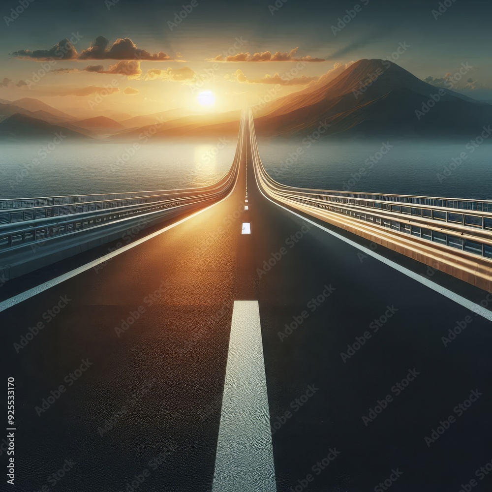 Obraz premium Long asphalt road with an arrow going into the horizon, transparent background, detailed cinematic style