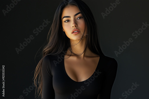 Young Latina Woman with Long Dark Hair in Black Top, Posing Confidently in Studio