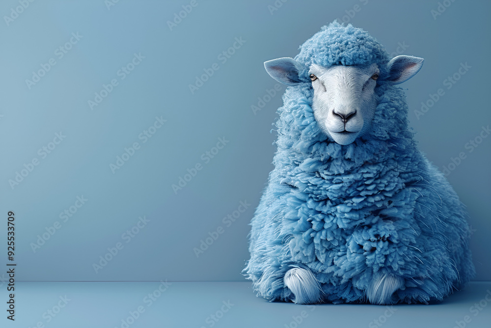 A blue-furred sheep sits calmly against a matching blue background, creating a harmonious and serene visual effect. A blue-furred sheep sits calmly against a matching blue background, creating a harmonious and serene visual effect.