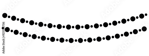 hanging christmas bead garland black filled vector border, simple decorative element for carnival or celebration, decor garlands isolated on white background