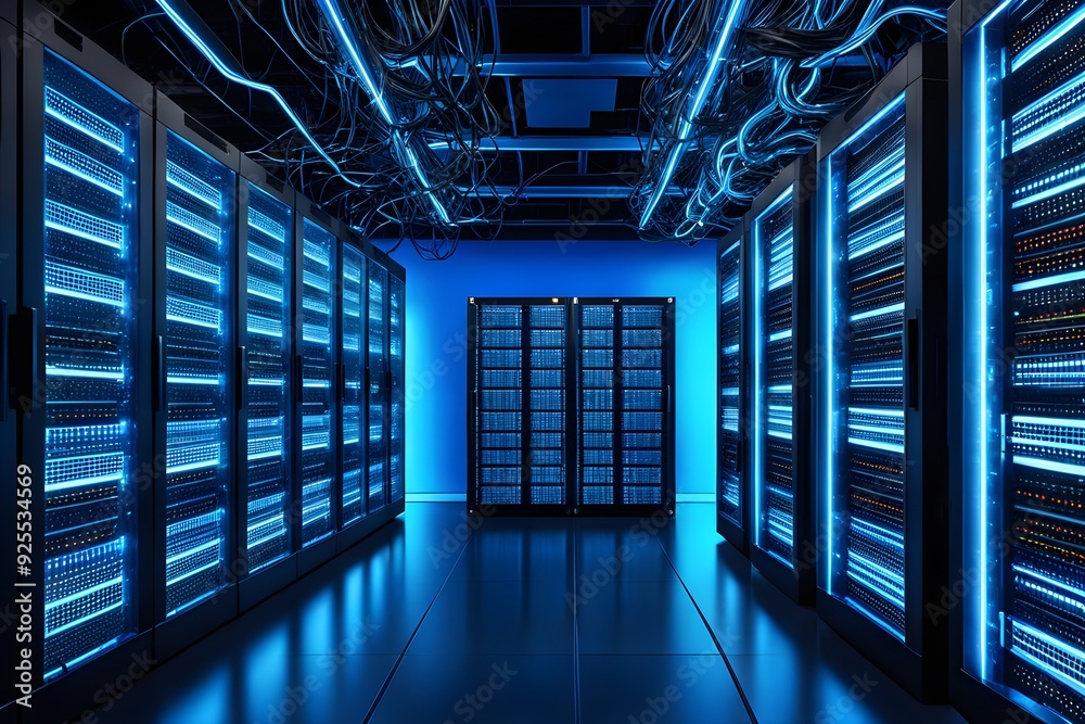 A large room with many computer servers and wires A large room with many computer servers and wires