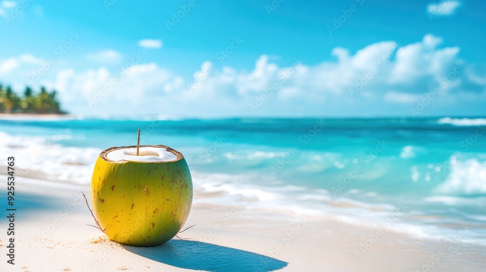A coconut sits on the shore, invitingly open with a straw, as waves gently lap against the beach under a clear sky A coconut sits on the shore, invitingly open with a straw, as waves gently lap against the beach under a clear sky