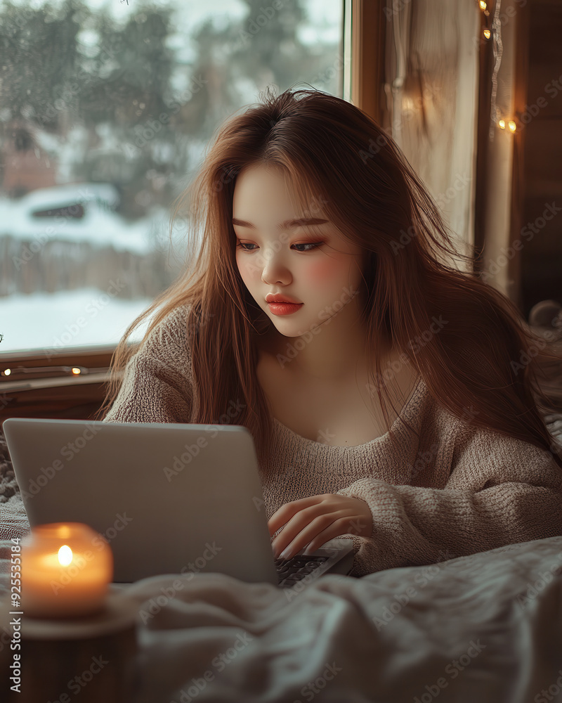 Woman wearing a comfy sweater, she is using her laptop at home. Woman wearing a comfy sweater, she is using her laptop at home.