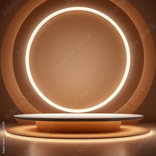 Abstract natural mocha mousse brown shades illuminated stage with circular geometric design and LED accents, for modern presentations, product displays, futuristic interior concepts. Color of the 2025