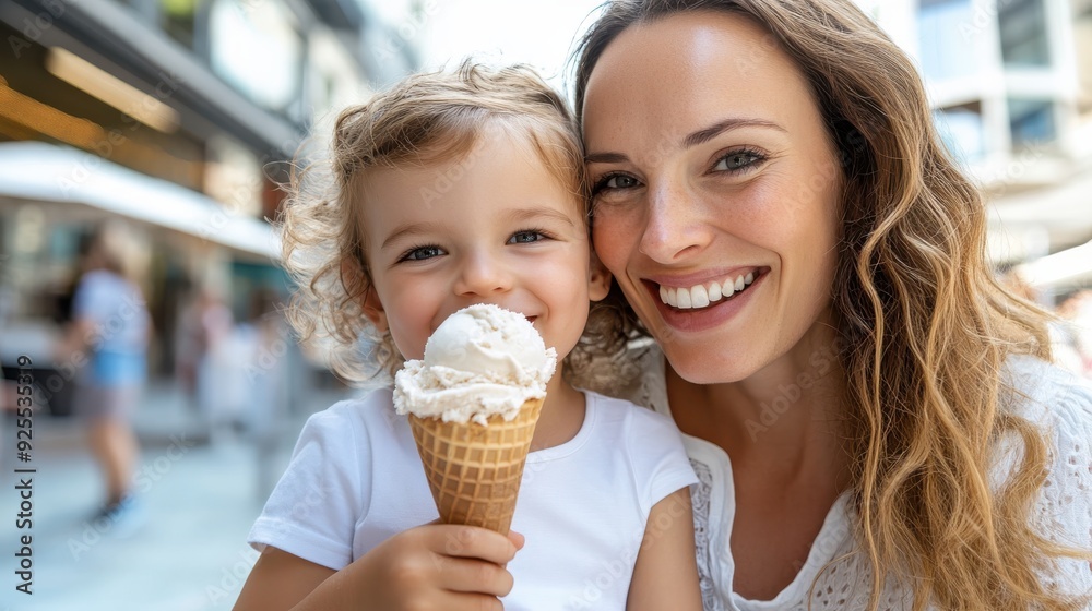 A mother and her delighted child smile at the camera while holding an ice cream cone outdoors. The child seems particularly happy with their delicious treat. A mother and her delighted child smile at the camera while holding an ice cream cone outdoors. The child seems particularly happy with their delicious treat.