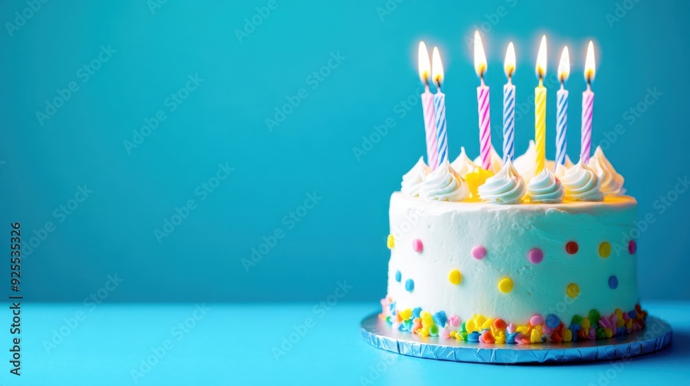 Six candles flicker atop a cheerful cake filled with colorful sprinkles, waiting to bring joy to a special celebration Six candles flicker atop a cheerful cake filled with colorful sprinkles, waiting to bring joy to a special celebration