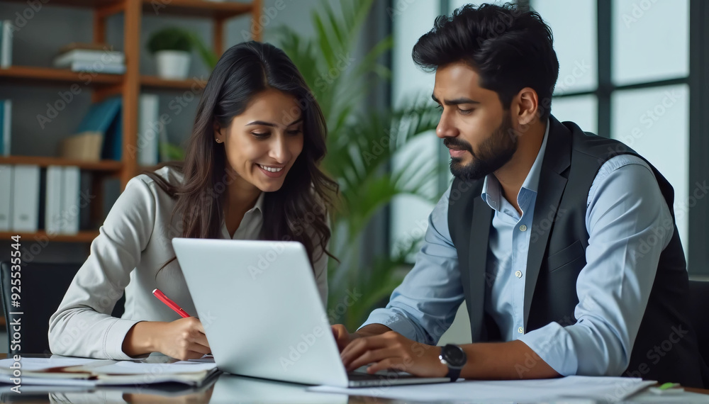 Fototapeta premium Indian financial advisors, both male and female, discuss a stock market strategy in a modern company using a laptop computer. Managers from South Asia Work Together on a Banking Project 