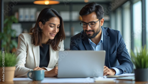 Indian financial advisors, both male and female, discuss a stock market strategy in a modern company using a laptop computer. Managers from South Asia Work Together on a Banking Project 
