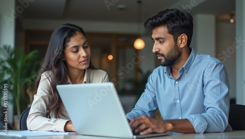 Indian financial advisors, both male and female, discuss a stock market strategy in a modern company using a laptop computer. Managers from South Asia Work Together on a Banking Project 