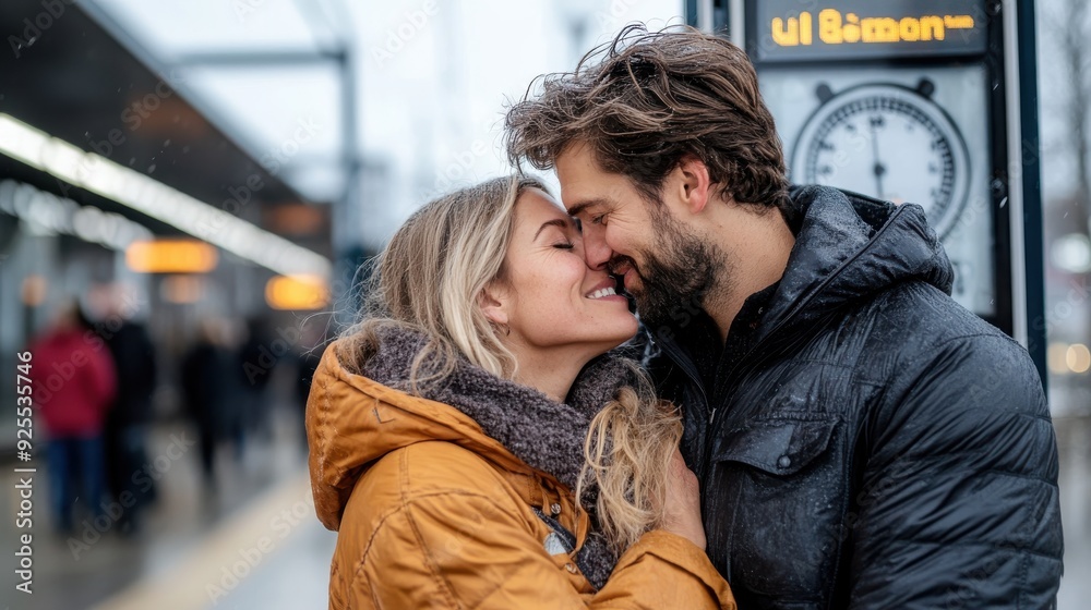A couple in warmly dressed jackets embrace by a clock at a bustling train station, with a mix of warm lighting and modern infrastructure, evoking a sense of travel and connection. A couple in warmly dressed jackets embrace by a clock at a bustling train station, with a mix of warm lighting and modern infrastructure, evoking a sense of travel and connection.