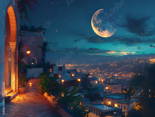 A bright moon illuminates a city skyline, casting a serene glow over the buildings during the night.