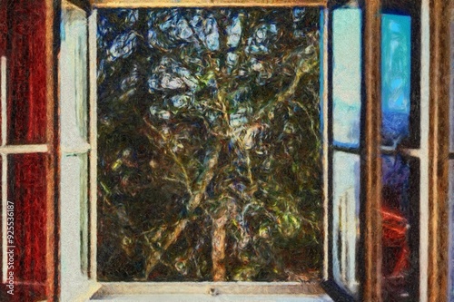 An illustration of open window in the autumn morning. Forest view