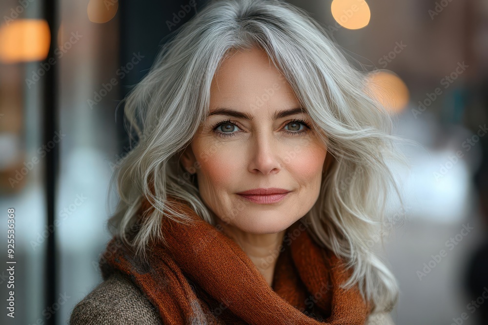 Fototapeta premium confident senior woman with silver hair and stylish outfit urban setting with soft bokeh background empowered and radiant expression