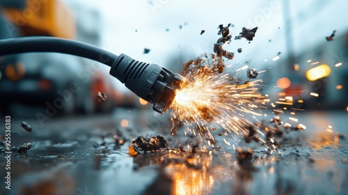 A detailed close-up image of an electrical plug sparking on a wet street, capturing the dangerous and intense moment with flashes of light and debris scattering around it.