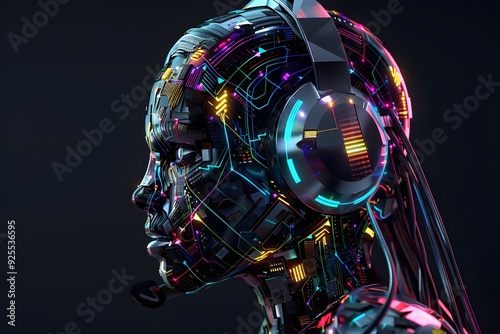 Side view of a humanoid head with blue and yellow eyes and vibrant neon neural network, representing futuristic technology and artificial intelligence photo