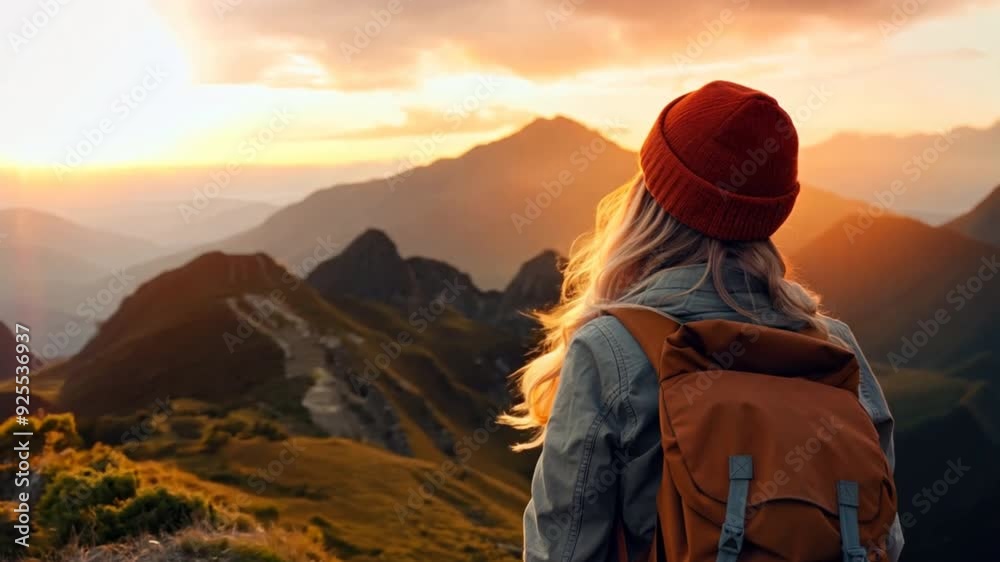 Golden Hour on the Mountain Peak: A solitary woman stands on a mountain peak, bathed in the warm glow of a golden sunset, her silhouette a symbol of quiet contemplation and the pursuit of adventure. Golden Hour on the Mountain Peak: A solitary woman stands on a mountain peak, bathed in the warm glow of a golden sunset, her silhouette a symbol of quiet contemplation and the pursuit of adventure.