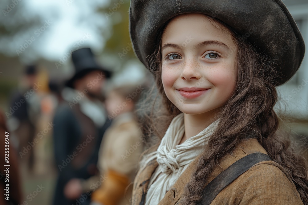 A young girl in period costume smiles during a historical reenactment in a rural setting on a sunny day A young girl in period costume smiles during a historical reenactment in a rural setting on a sunny day