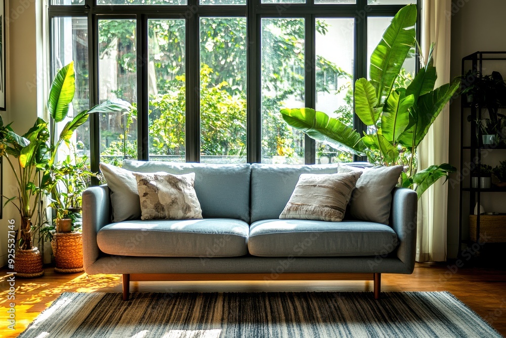 Sunlight floods a warm living area featuring a soft blue sofa adorned with pillows, framed by lush greenery and a serene atmosphere Sunlight floods a warm living area featuring a soft blue sofa adorned with pillows, framed by lush greenery and a serene atmosphere