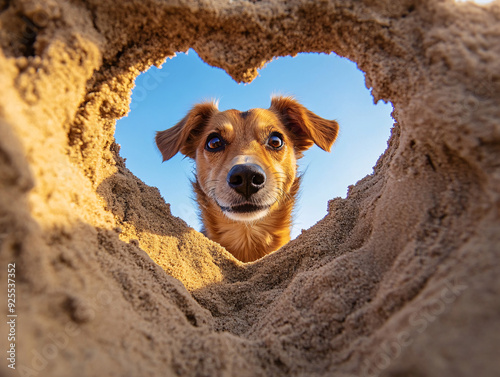 Happy dog looking through a heart-shaped hole in the sand, framed by a bright blue sky, capturing a playful and heartwarming moment outdoors