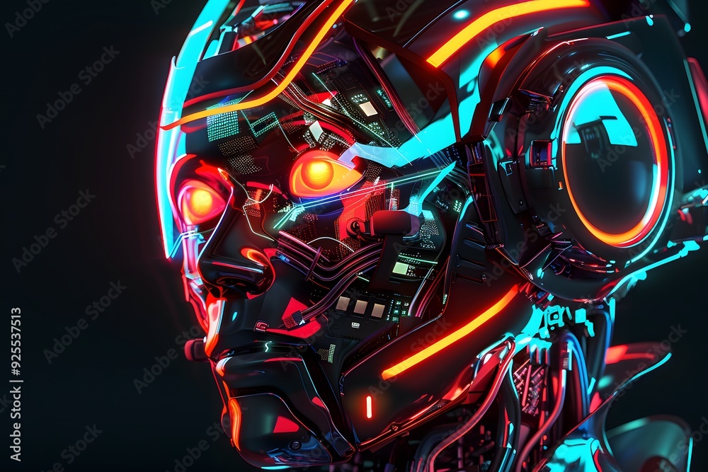 Side view of a humanoid head with blue and yellow eyes and vibrant neon neural network, representing futuristic technology and artificial intelligence Side view of a humanoid head with blue and yellow eyes and vibrant neon neural network, representing futuristic technology and artificial intelligence