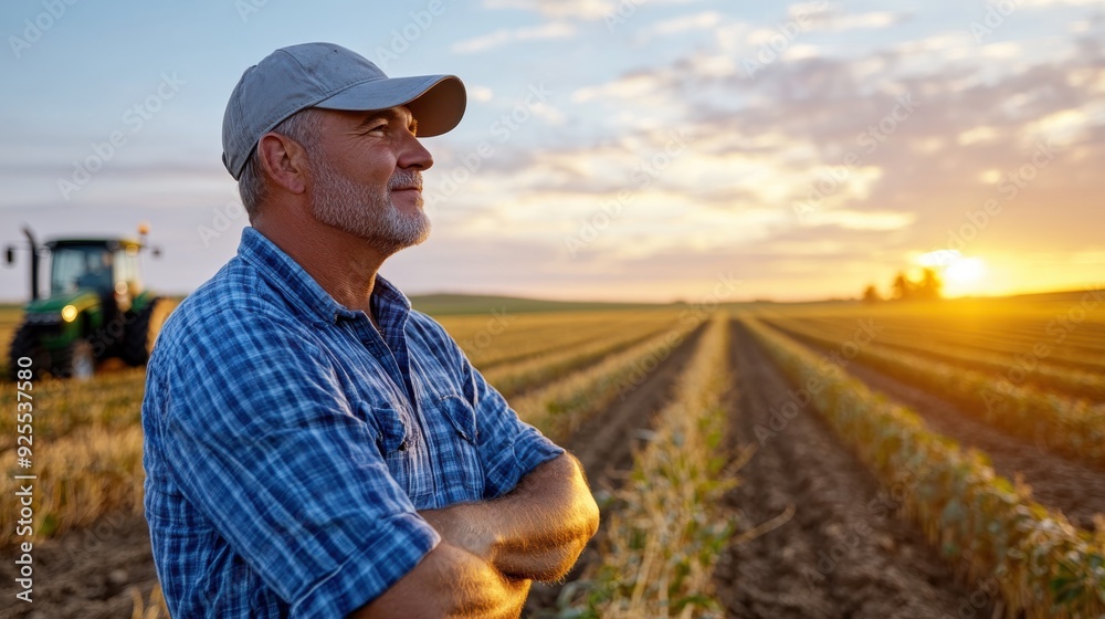 A man, standing with folded arms and wearing a cap, observes the sunset over well-tended fields, illustrating the calm and reflectiveness associated with agricultural life. A man, standing with folded arms and wearing a cap, observes the sunset over well-tended fields, illustrating the calm and reflectiveness associated with agricultural life.
