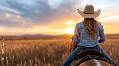 A woman rides a horse across a vast field of tall grass at sunset, with the warm glow of the setting sun casting an orange hue across the landscape, embracing solitude and nature. photo