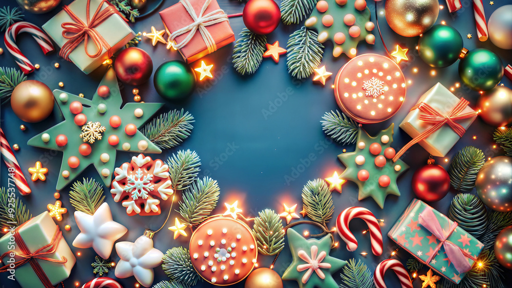 Christmas background with decorations and gift boxes on dark blue background. Top view. Christmas background with decorations and gift boxes on dark blue background. Top view.