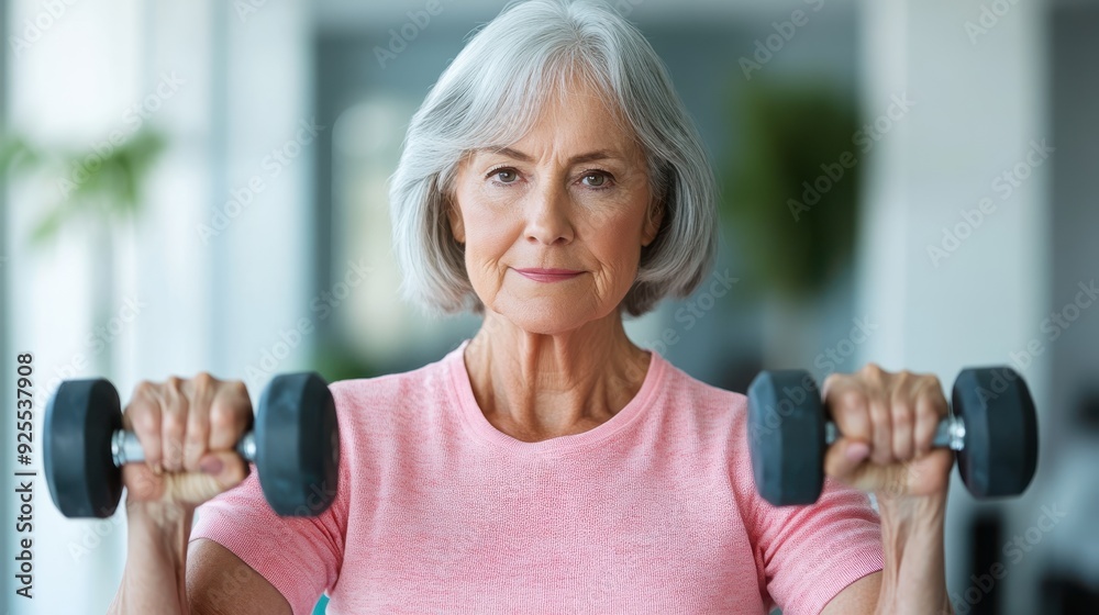 Fototapeta premium An older woman with grey hair exercises with dumbbells in a brightly lit room, emphasizing health, fitness, and the importance of maintaining a physically active lifestyle in older age.