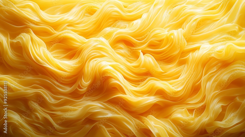 Wavy strands of freshly cooked pasta arranged in a pleasing display with a golden hue in a kitchen setting Wavy strands of freshly cooked pasta arranged in a pleasing display with a golden hue in a kitchen setting