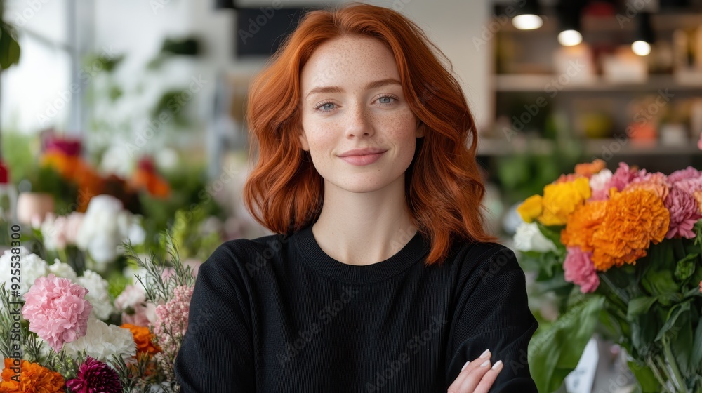 A confident red-haired woman standing amidst a variety of colorful flowers, with folded arms and a calm smile, highlighting her beauty and the vividness of the floral arrangements.