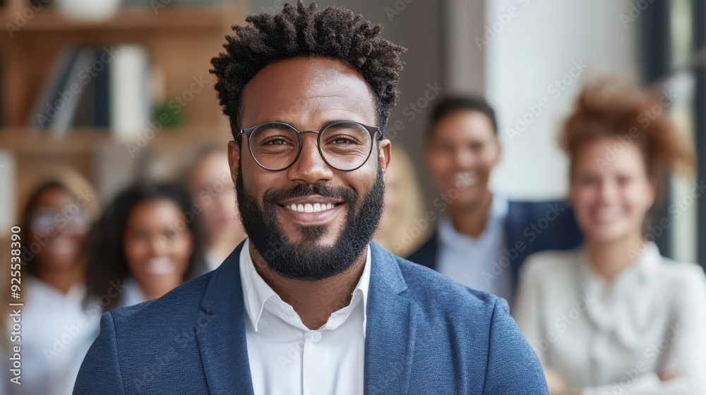A confident black man in glasses and a suit smiles warmly in an office setting, with a diverse team in the background, symbolizing leadership and collaboration. A confident black man in glasses and a suit smiles warmly in an office setting, with a diverse team in the background, symbolizing leadership and collaboration.