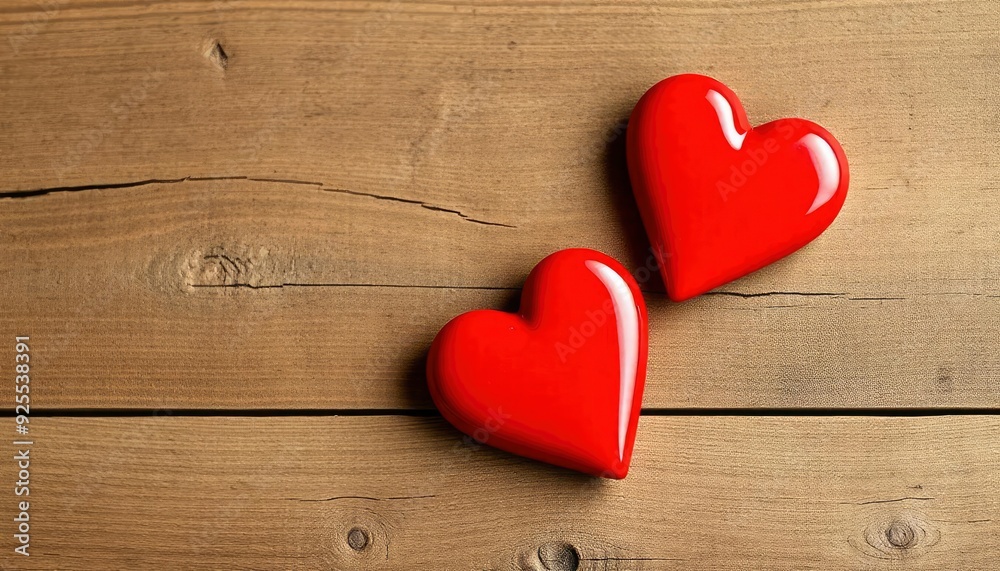 Valentines day background with two red hearts on wooden background, ai Valentines day background with two red hearts on wooden background, ai